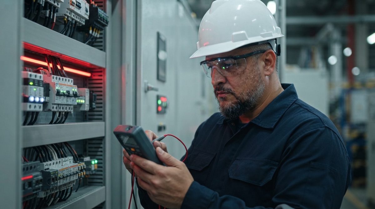 Engenheiro da MEP Engenharia inspecionando painel elétrico com multímetro
