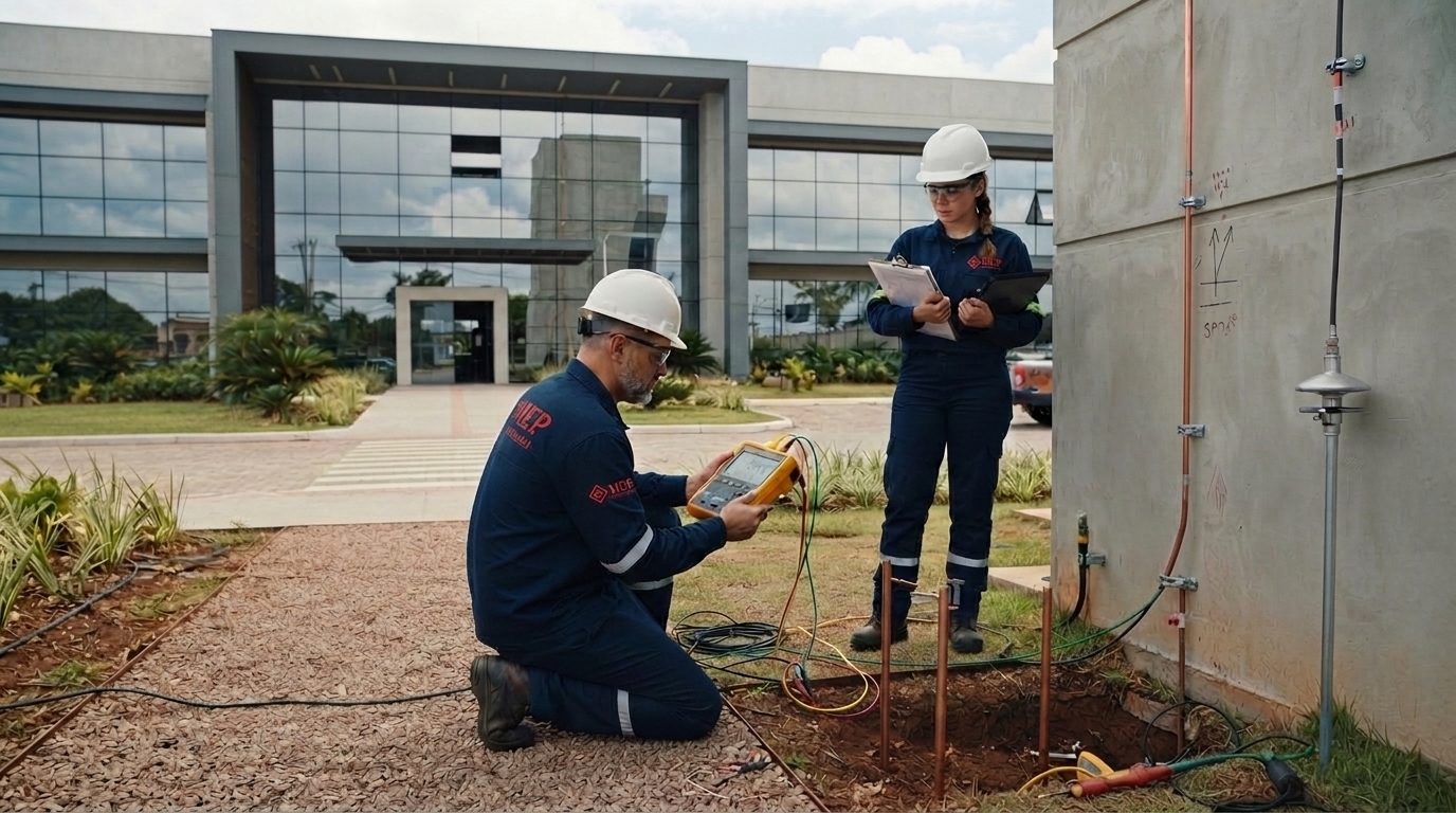 Equipe técnica da MEP Engenharia realizando medição de aterramento e SPDA em campo